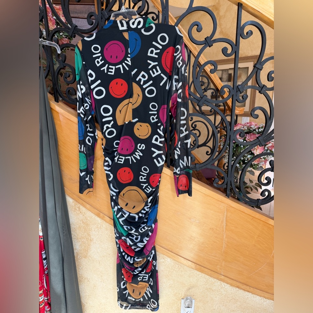 FARM Rio Black Multi-Color Long Sleeve Smiley Logo Dress